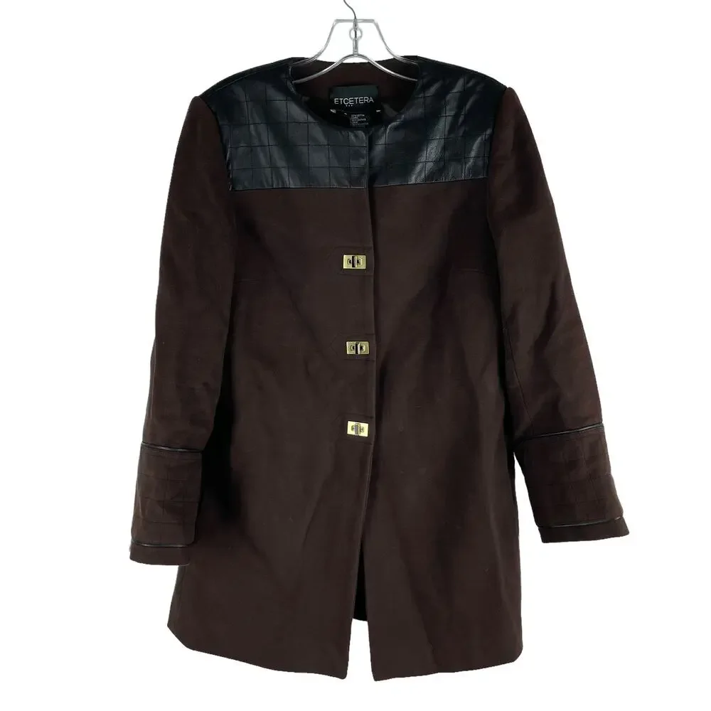 Etcetera Leather Trim Long Coat Jacket Turnlock Closure Brown Size 6